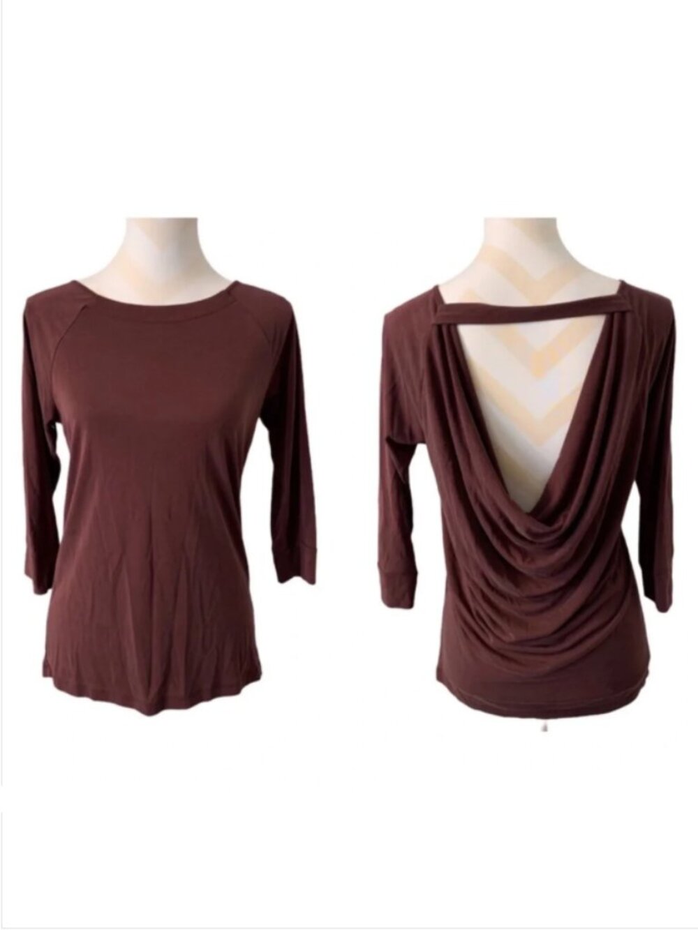 BKE Red Maroon Burgundy Drape Cowl Back 3/4 Sleeve Top Small Open Back Fall